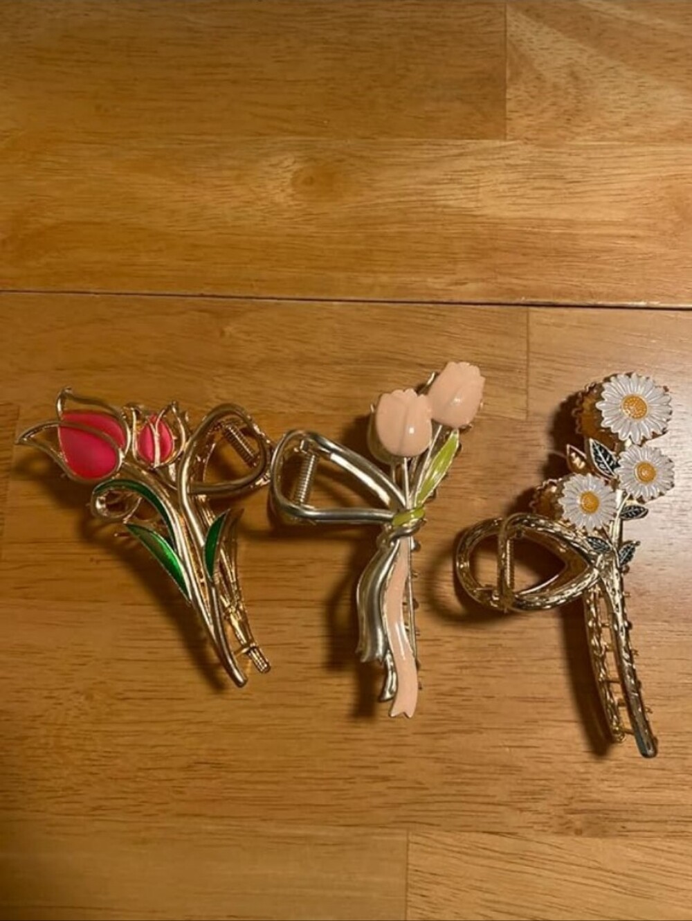 3 Pc Gold Floral Hair Clips Set - Daisy & Tulip - Picture 3 of 4